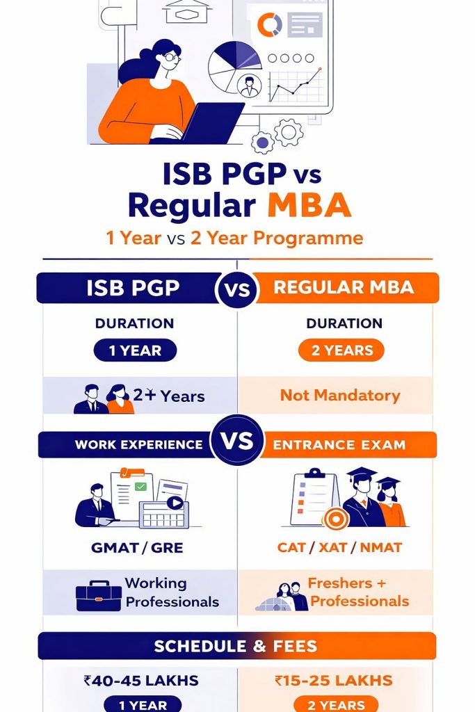 ISB PGP vs Regular MBA comparison showing 1 year ISB PGP and 2 year regular MBA programme, eligibility, entrance exams, work experience, fees and duration differences
