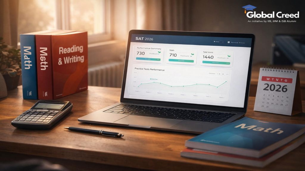 SAT exam syllabus 2026 preparation setup with books, calculator and study dashboard