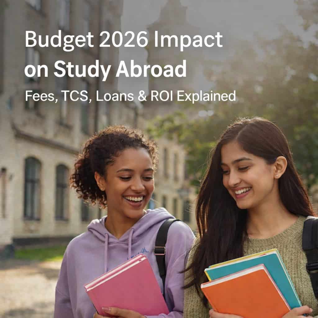 Budget 2026 Impact on Studying Abroad showing students planning overseas education with reduced fees, lower TCS, education loans and improved ROI