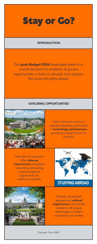 Study Abroad vs India Budget 2026 comparison infographic showing post budget study opportunities in India vs global education career benefits