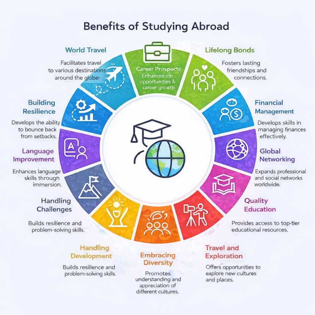 Benefits of studying abroad including career growth, global networking, quality education, language improvement and international exposure infographic