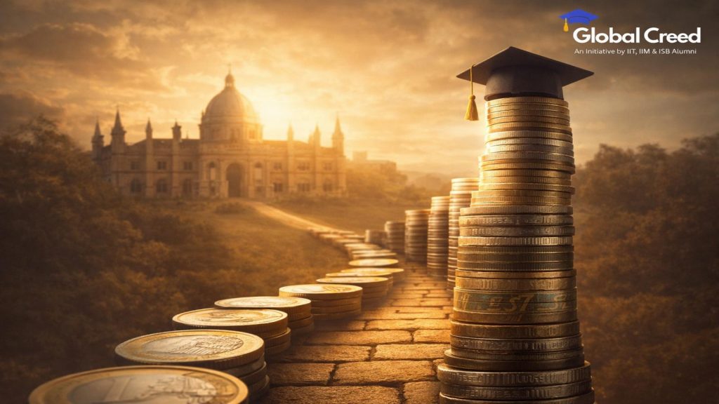 Pathway of international currency coins leading to university symbolizing cost of studying abroad and investment in education