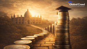 Pathway of international currency coins leading to university symbolizing cost of studying abroad and investment in education